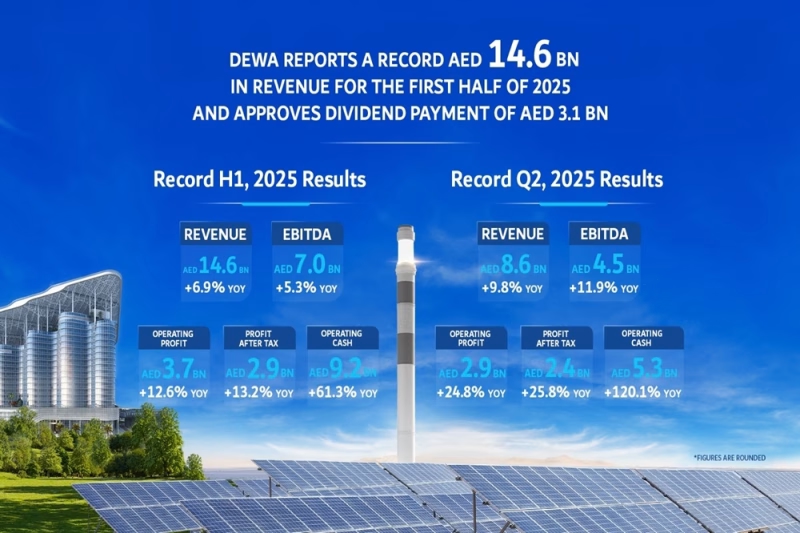 إيرادات قياسية لهيئة كهرباء ومياه دبي (ش.م.ع) في النصف الأول من عام 2025 تصل إلى 14.6 مليار درهم والموافقة على توزيع أرباح بقيمة 3.1 مليار درهم على المساهمين