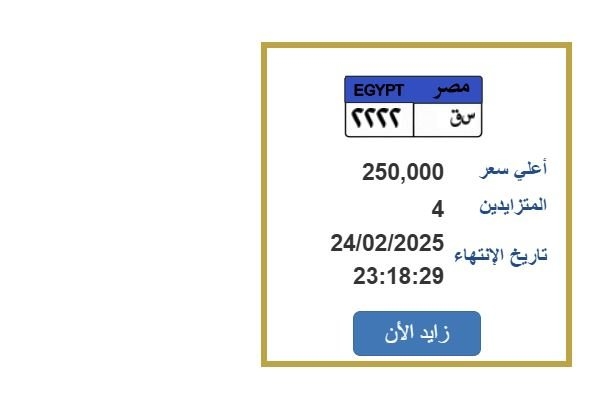 بـ 250 ألف جنيه.. التزايد على لوحة سيارة مميزة ينتهي خلال ساعات