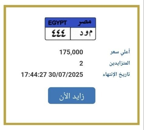 بـ 175 ألف جنيه.. «المرور» تطرح المزايدة على لوحة سيارة مميزة