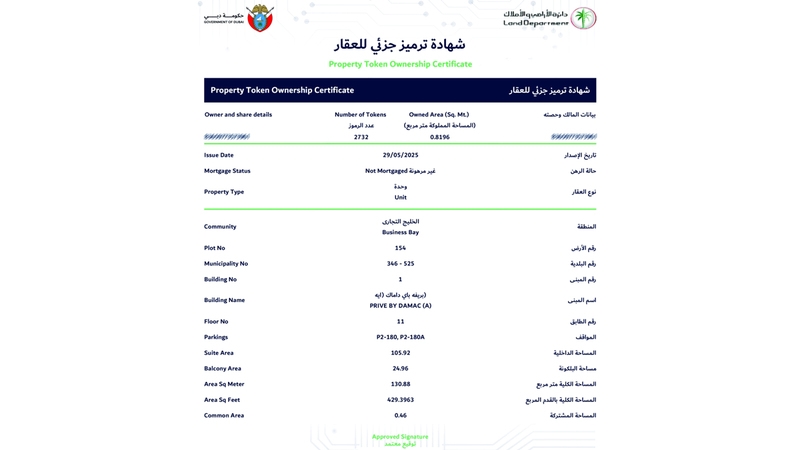 «أراضي دبي» تُصدر أول ملكية جزئية مرمّزة في العالم