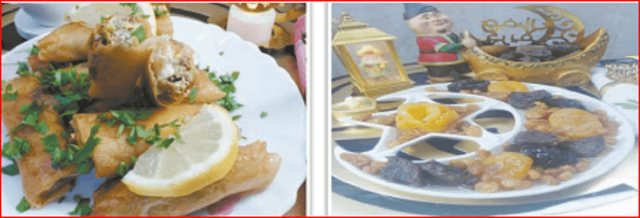 الإفطار: طاجين اللحم..طبق السفرية..الحلو:خبزة كنافة باللوز