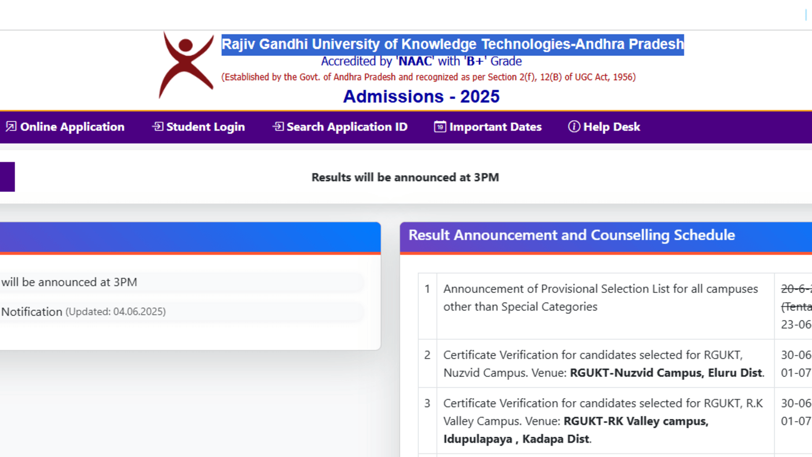 RGUKT admission 2025 merit list today at admissions25.rgukt.in, how to check