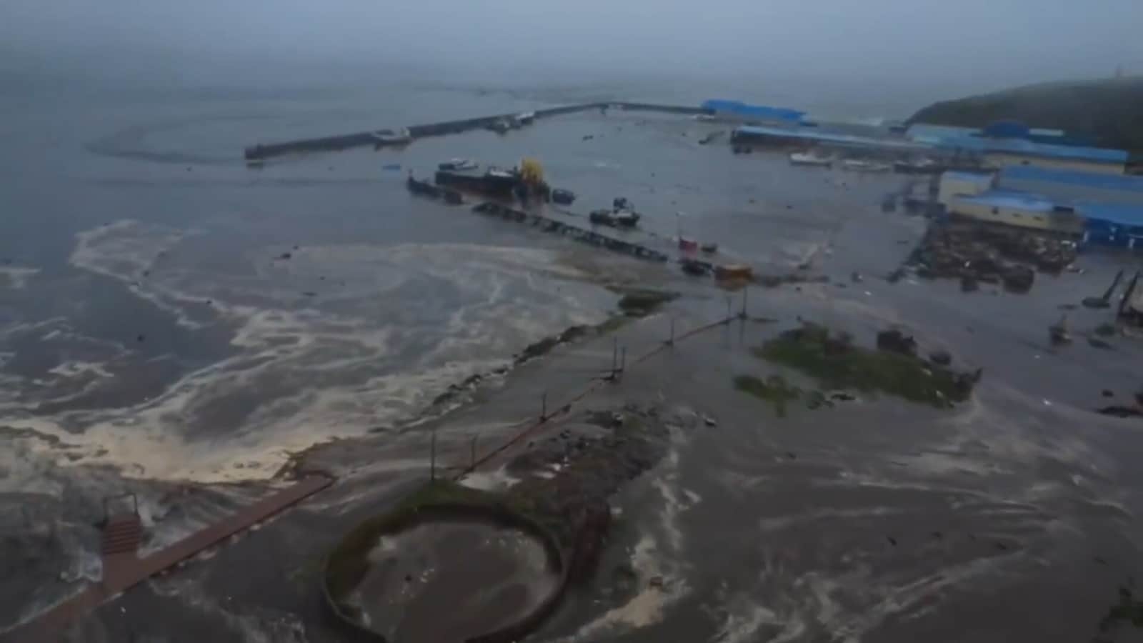 Aerial footage shows Tsunami waves swamping Russia's Severo-Kurilsk post 8.8 Earthquake