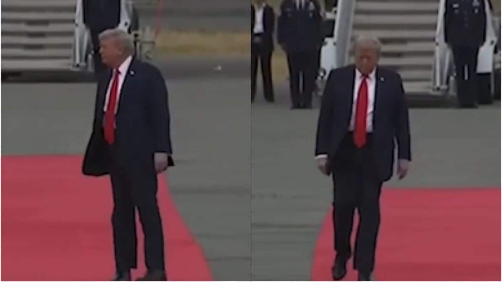 Watch Video: Trump struggles to walk straight as he treads the red carpet to meet Putin