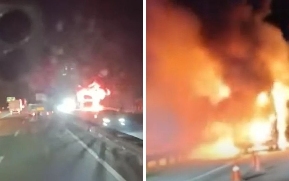 Express bus catches fire after collision with motorcycle on NSE near Kamunting, all 28 passengers escape unhurt, motorcyclist injured