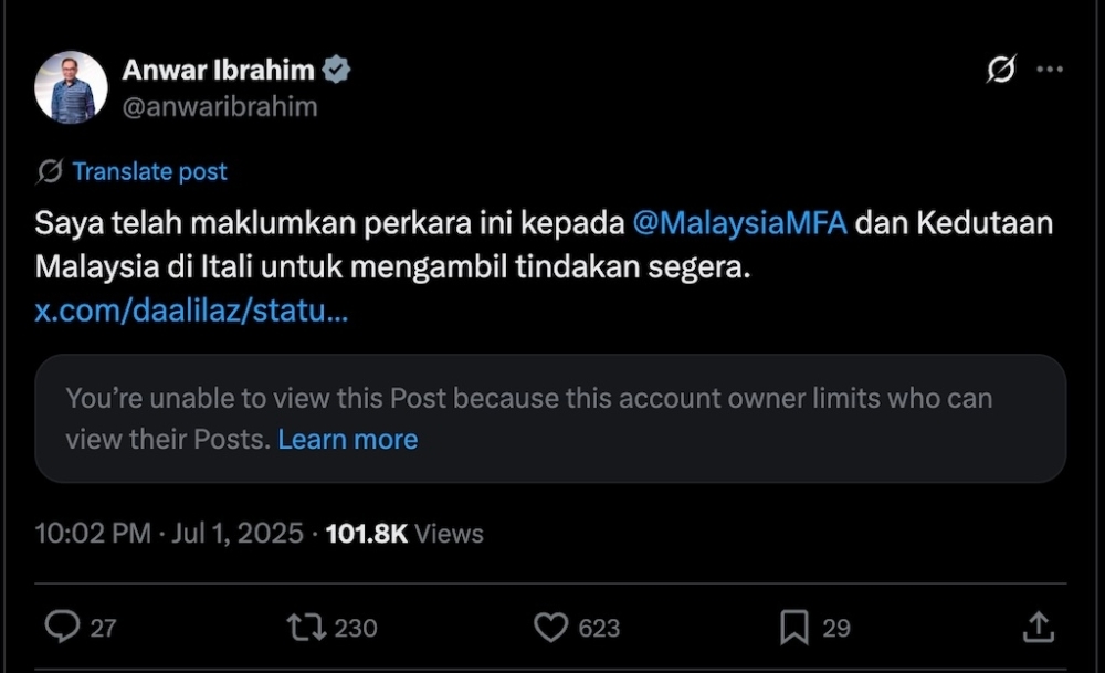 PM Anwar alerts embassy to assist Malaysian stranded in Italy due to pickpocket stealing passport