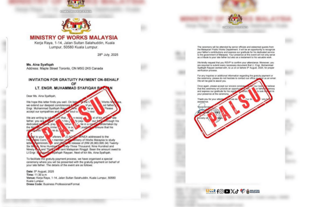 ‘Fake and fraudulent': Viral RM26m gratuity letter ‘never issued', says works minister