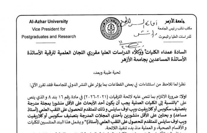 جامعة الأزهر: شروط جديدة لترقية أعضاء هيئة التدريس وربطها بالحوافز..مستند