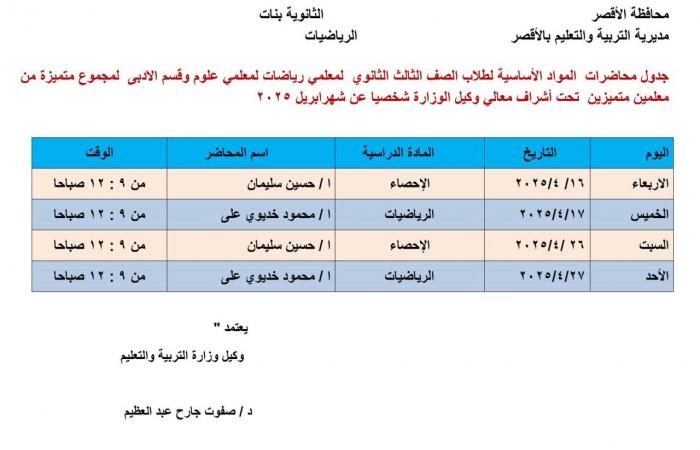 تقارير مصرية : تعليم الأقصر تعلن عن مراجعات لطلبة الثانوية العامة.. اعرف التفاصيل