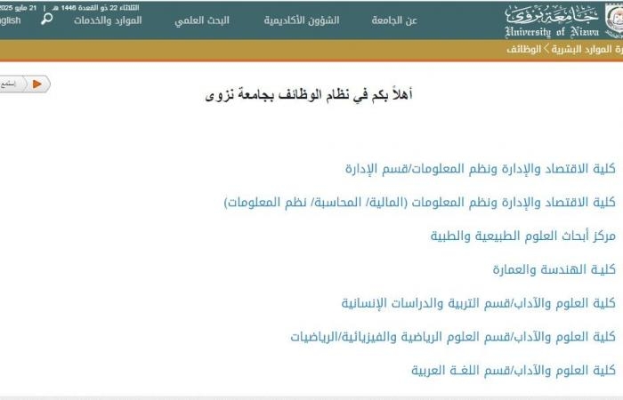 وظيفة جامعة.. جامعة نزوي تعلن عن وظائف جديدة لـ أعضاء هيئة التدريس في 7 كليات