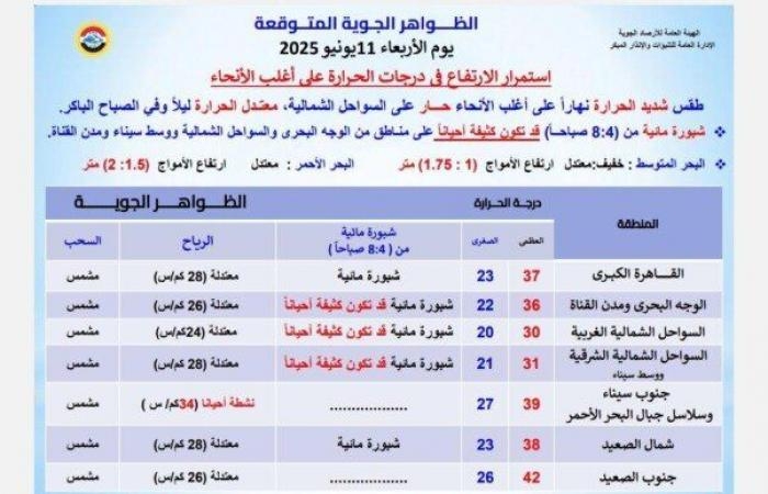 العظمى بالقاهرة 37° وأسوان 42°.. الأرصاد تكشف حالة الطقس اليوم الأربعاء 11 يونيو 2025