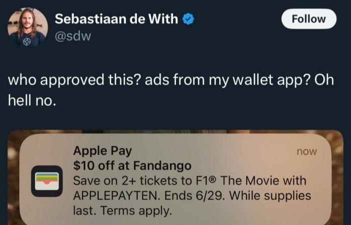 أخبار التكنولوجيا : غضب بين مستخدمى آيفون بسبب إعلان لفيلم F1 داخل تطبيق Apple Wallet