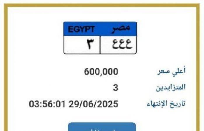 بـ 600 ألف جنيه.. المرور تطرح التزايد على لوحة سيارة مميزة