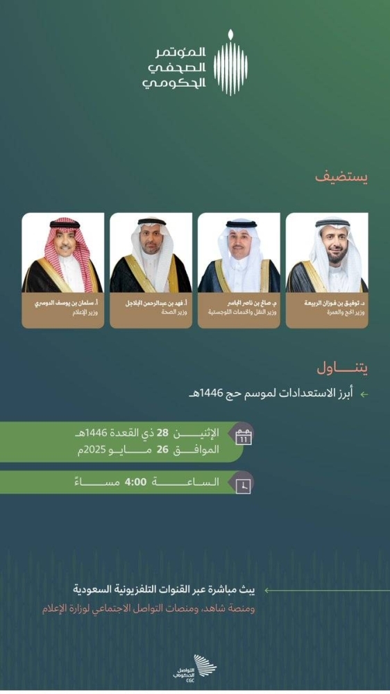 بمشاركة 4 وزراء.. المؤتمر الصحفي الحكومي يسلط الضوء على استعدادات الحج