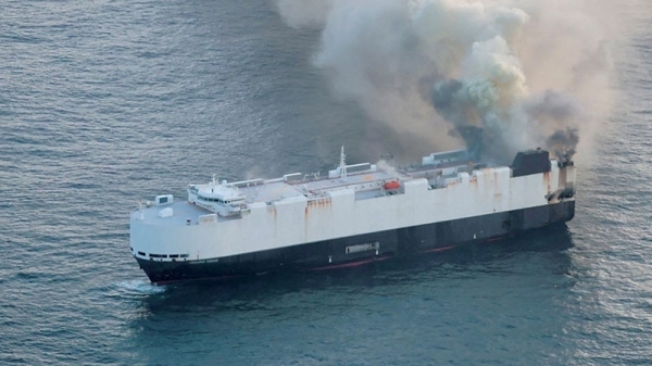 Cargo ship off Alaska left burning