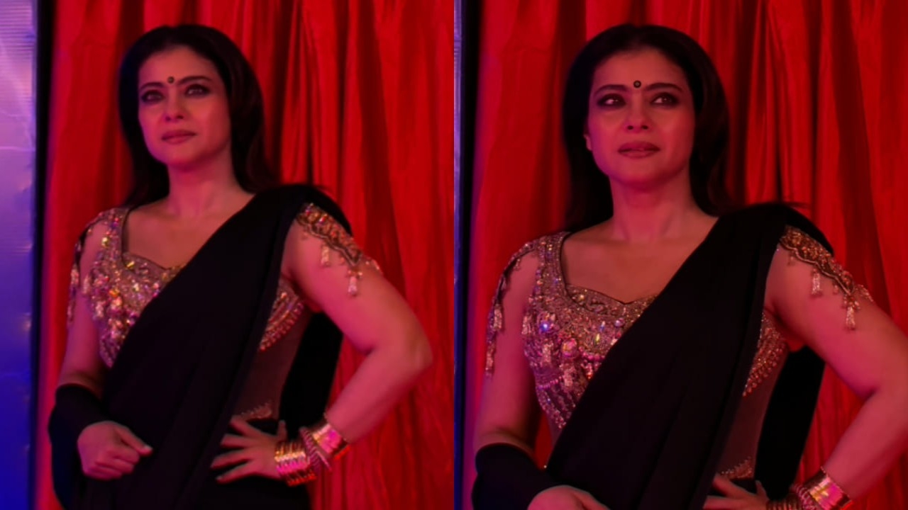 Kajol shows how to style plain black saree with embellished golden blouse and bold eye makeup