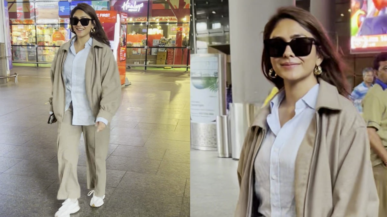 Mrunal Thakur wears comfy tracksuit with formal shirt and Rs 23,000 sunglasses at Mumbai airport