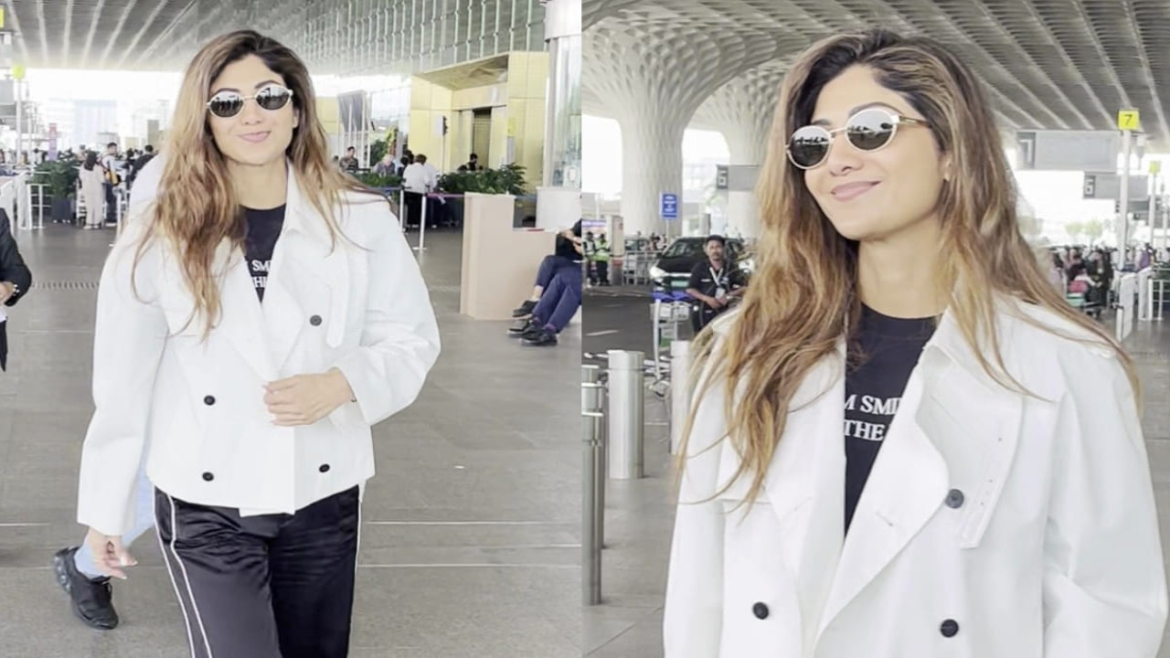 Travel Style: Shilpa Shetty Kundra keeps it comfy as she wears track pants with biker jacket at Mumbai airport