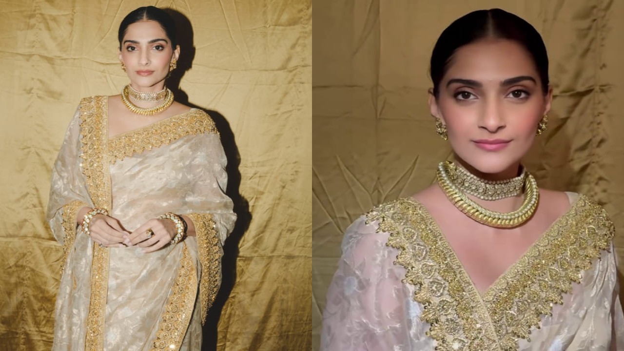Sonam Kapoor owns royal throne in Abu Jani Sandeep Khosla golden tissue saree