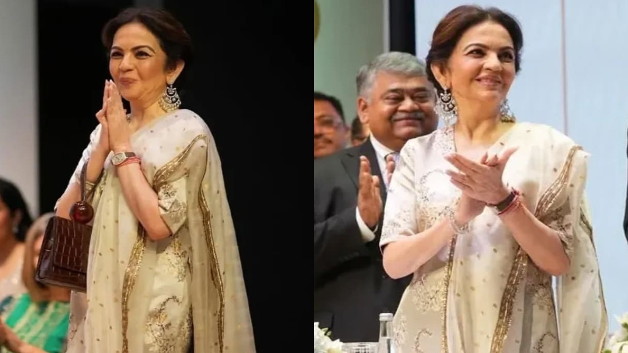 Nita Ambani pairs chandelier diamond earrings with golden beige kurta set and radiates ethical charm
