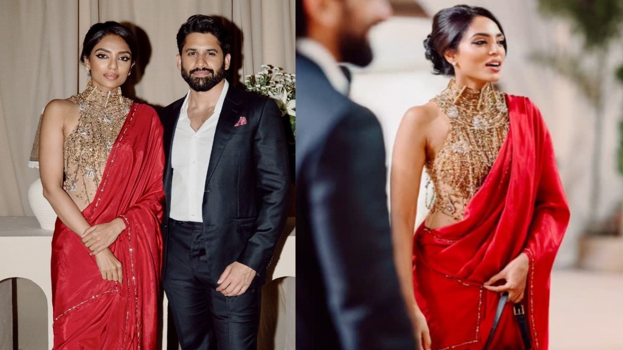 Sobhita Dhulipala styles Christian Dior bag worth Rs 3.37 Lakh with red satin saree at Akhil Akkineni-Zainab's wedding reception