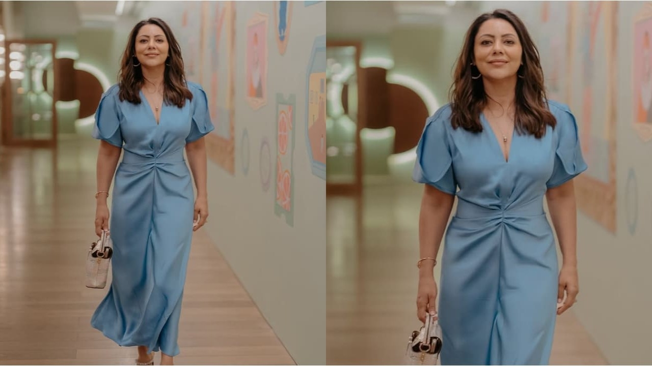 Gauri Khan's Rs 97,998 V-neck blue midi-dress serves as the ultimate dinner date night inspo