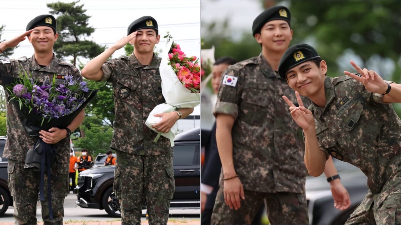 BTS' RM and V officially discharged from military service; check out first pics saluting and hugging