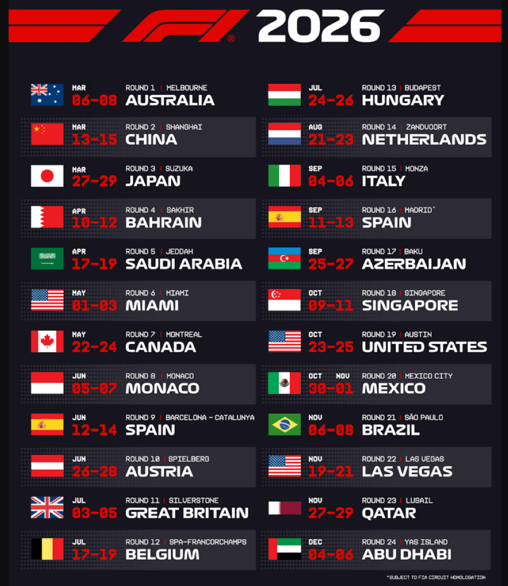 Formula 1 reveals calendar for 2026 season