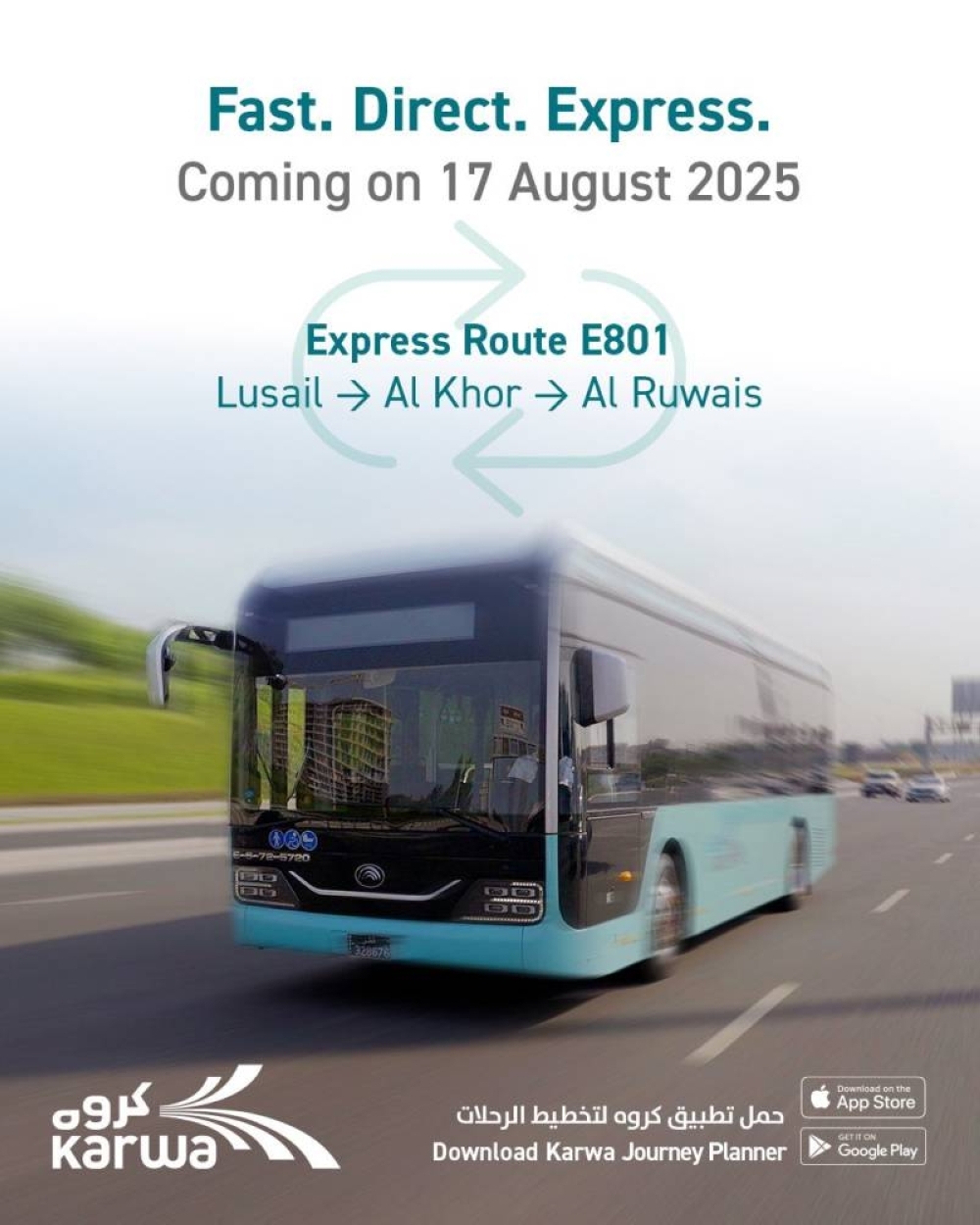 New express bus route linking Lusail, Al Khor and Al Ruwais to open today