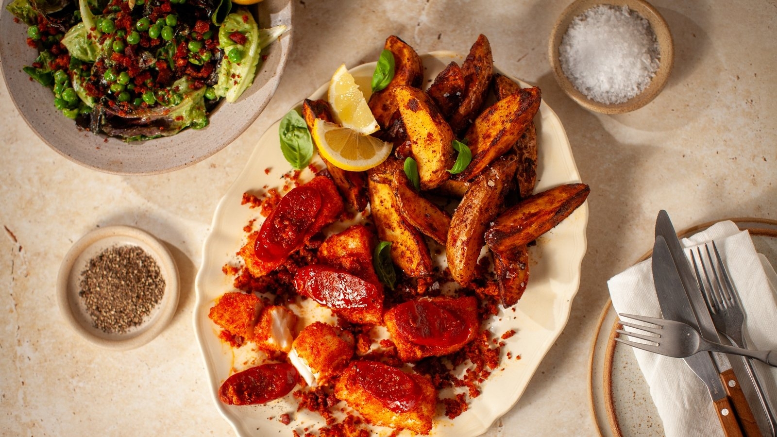 Chorizo-crusted cod tray bake with air-fryer wedges and green goddess dressed salad