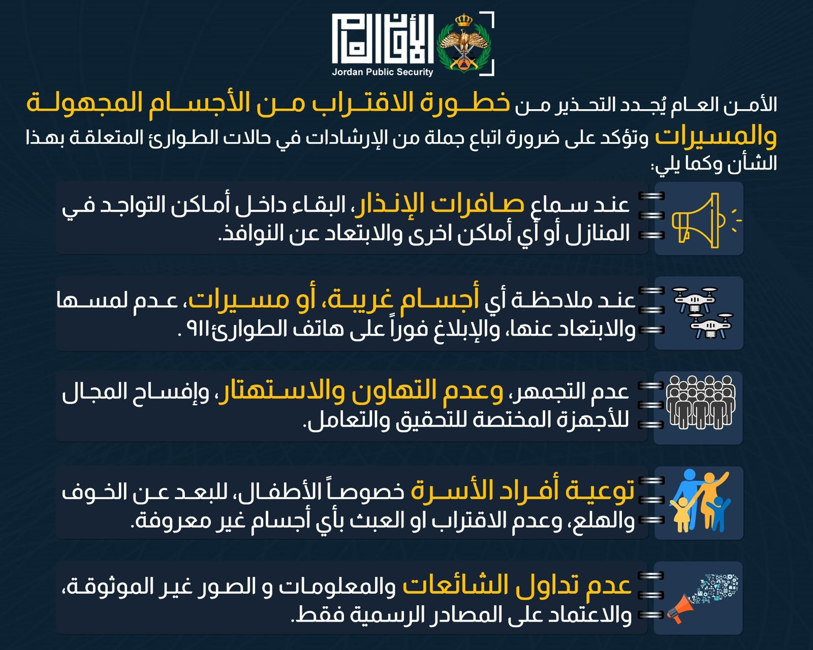 الأمن العام يحذّر من خطورة الاقتراب من الأجسام والمسيّرات
