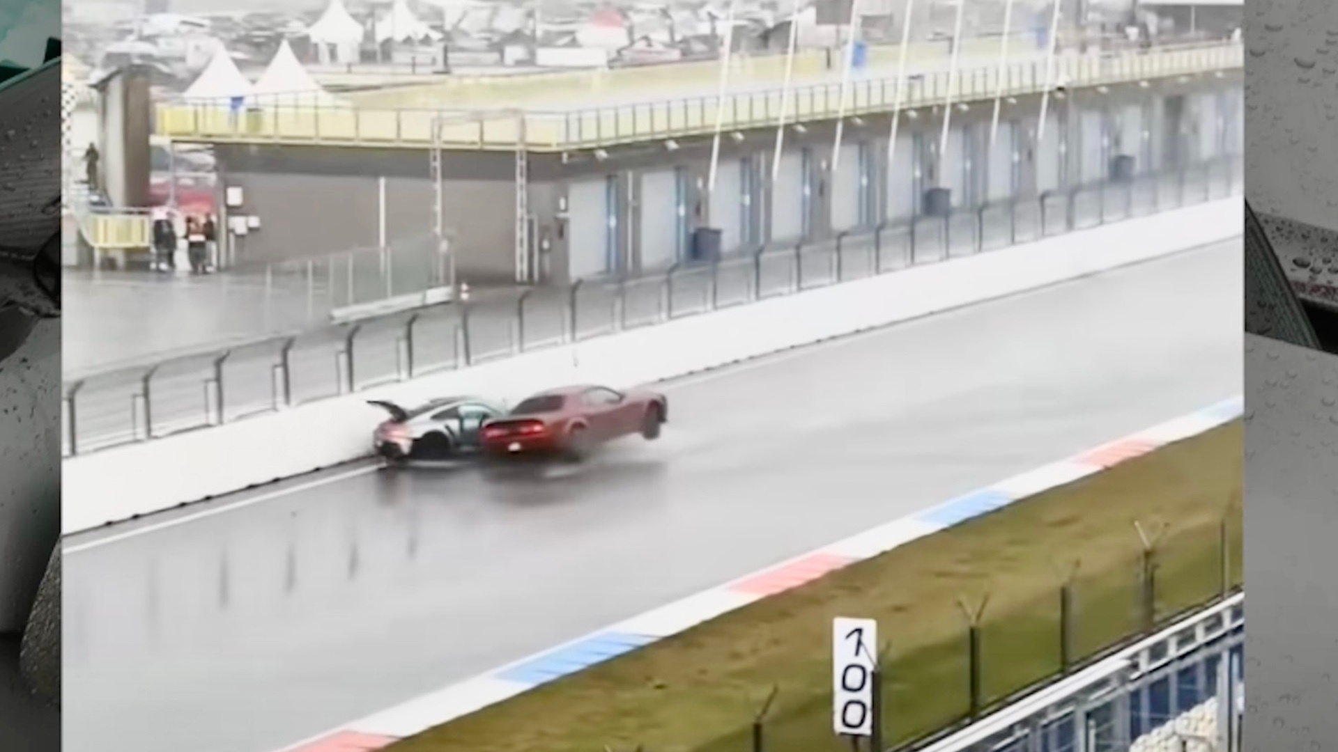 Dodge Challenger Pummels Porsche 911 GT3 RS in Soaking Wet Track Day Crash