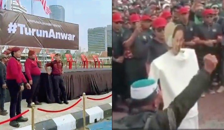 [Watch] Authorities Order Stage Removal At Himpunan Turun Anwar, Protesters Stage Symbolic Whipping Of PM's Effigy