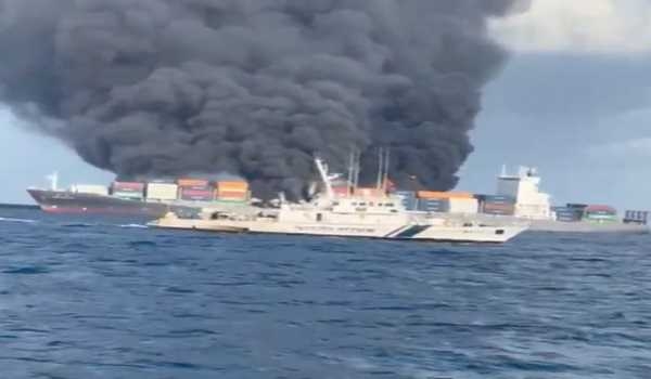 Massive fire aboard ship: ICG ships conduct fire fighting and boundary cooling