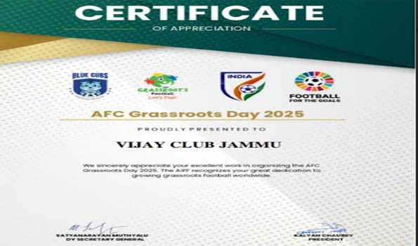 AFC Grassroot Day: J&K's renowned Vijay Club receives appreciation certificate from AIFF