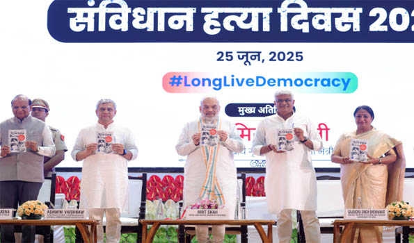 Shah releases book on Emergency on Samvidhan Hatya Diwas