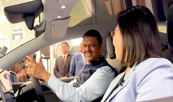 Fadnavis inaugurates Tesla's first showroom in India