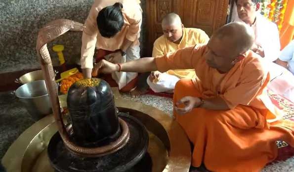 UP CM Yogi Adityanath performs Rudrabhishek at Mansarovar Temple on Sawan Shivratri