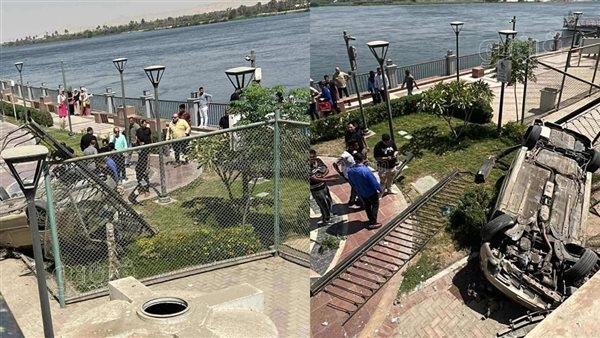 سقوط سيارة ملاكي بالممشى السياحي بكورنيش النيل فى بني سويف (صور)
