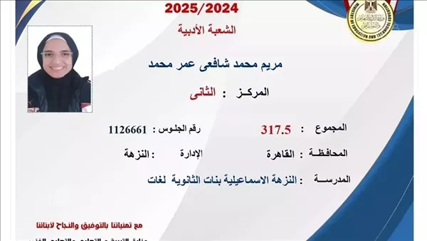 والد مريم محمد الرابعة على الثانوية العامة: "ربنا كلل تعب بناني بالنجاح والتفوق"