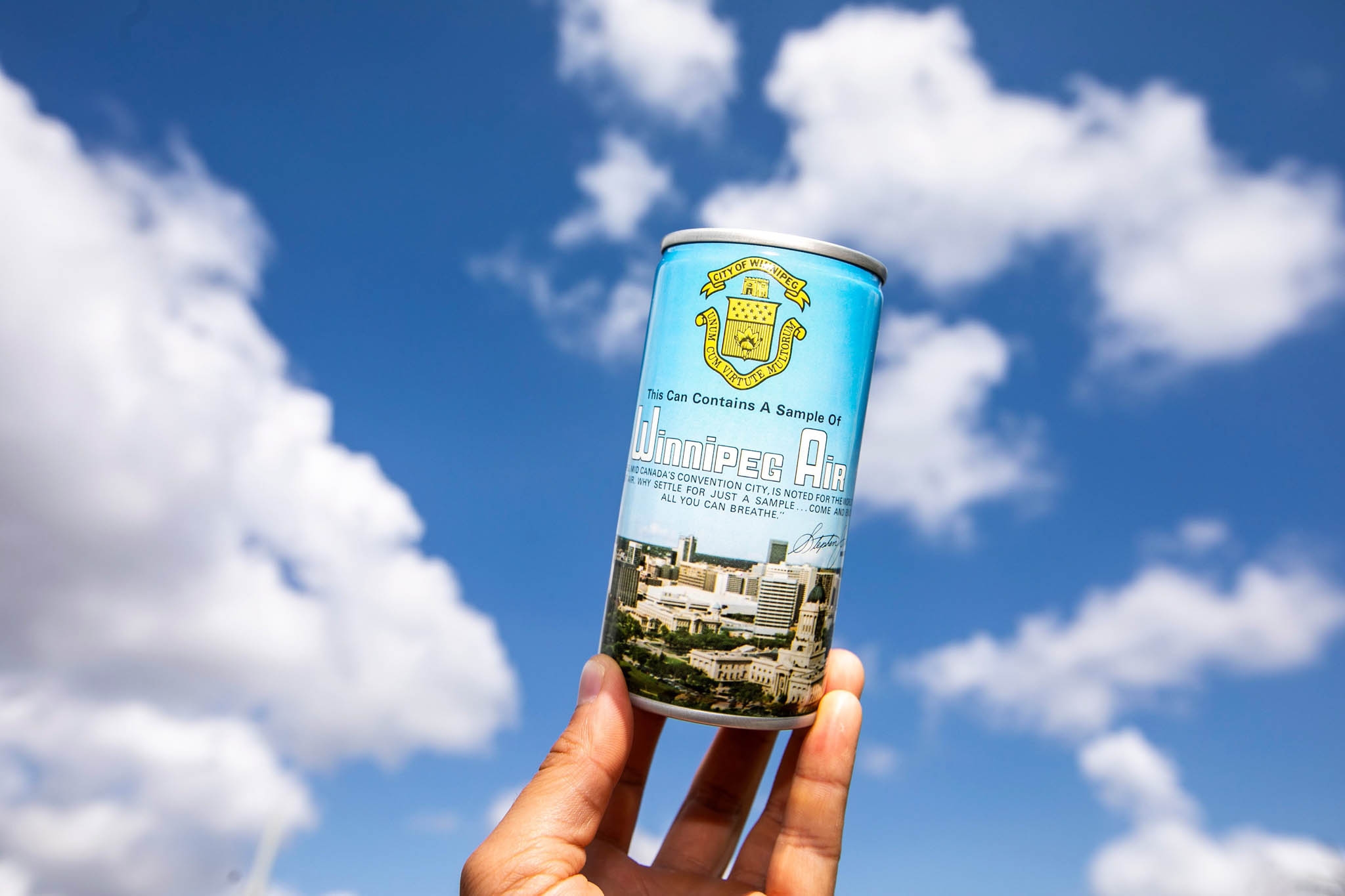 Promotional shiny blue can from the '70s claims to contain a genuine sample of Winnipeg Air